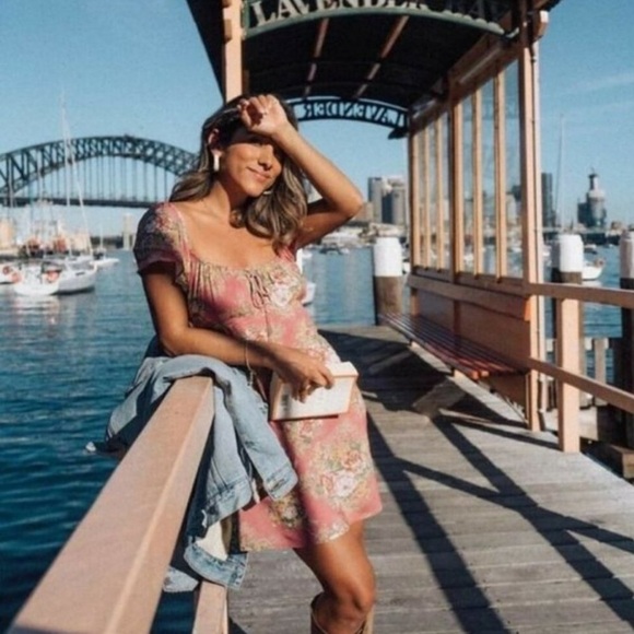 Auguste the Label Bonnie Beachside Peasant Mini Dress Peach Pink Floral 6 - Picture 2 of 16